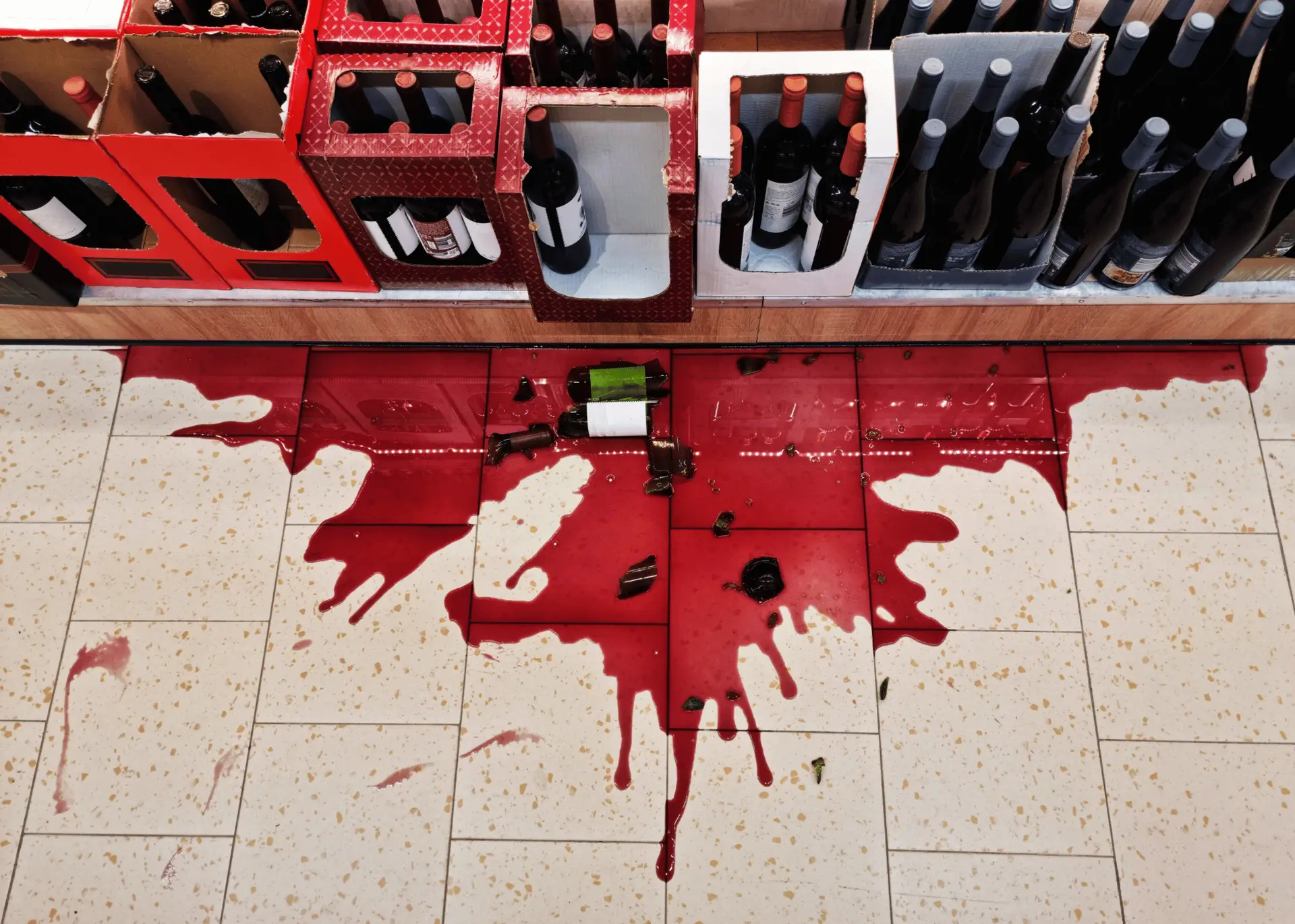 Incident Detection for Retail Safety Spilled wine on a supermarket floor detected by AI-powered CCTV